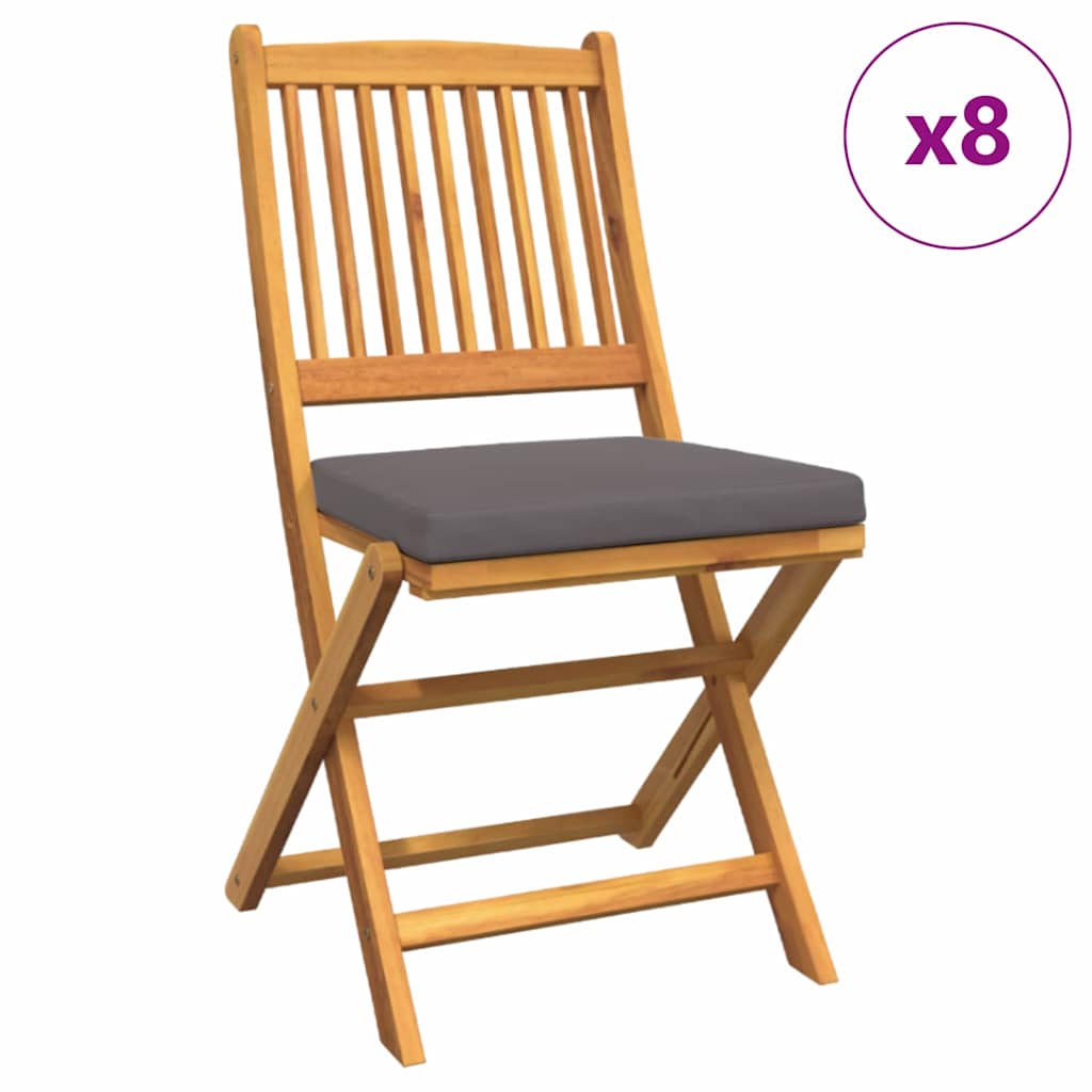 Fällstol med kudde 8 pcs Grå 49 x 57.5 x 92cm Massivt akaciaträ