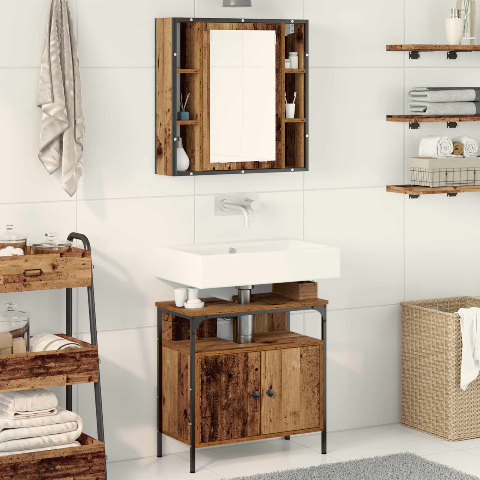 Badrumsmöbelset med hylla med dörr 2 pcs Brun Konstruerat trä