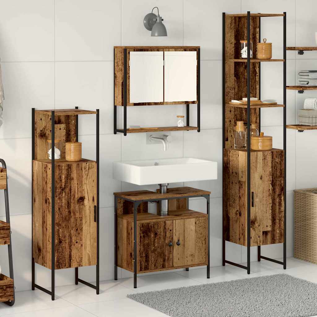 Badrumsmöbelset med hylla 4 pcs Gammalt trä Konstruerat trä