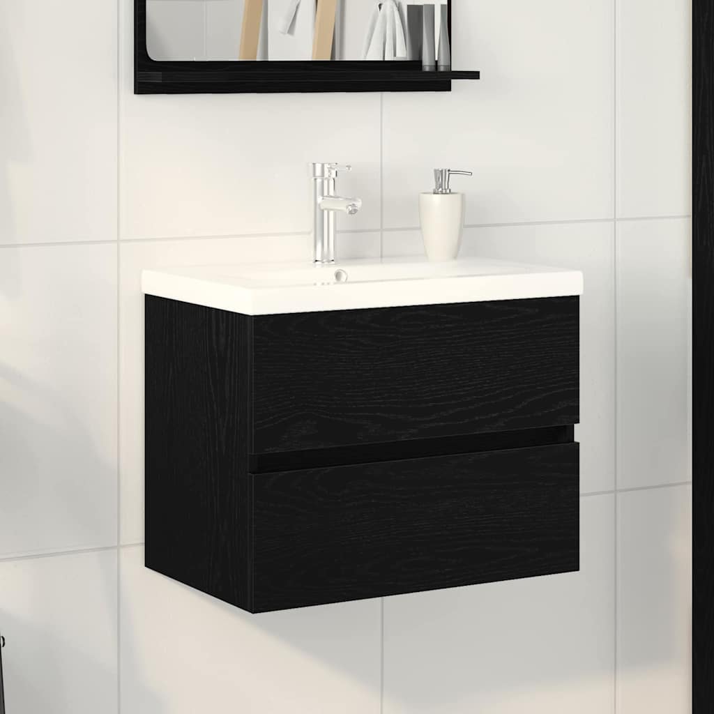 Badrumsskåp med handfat Svart Ek 60 x 39 x 62 cm