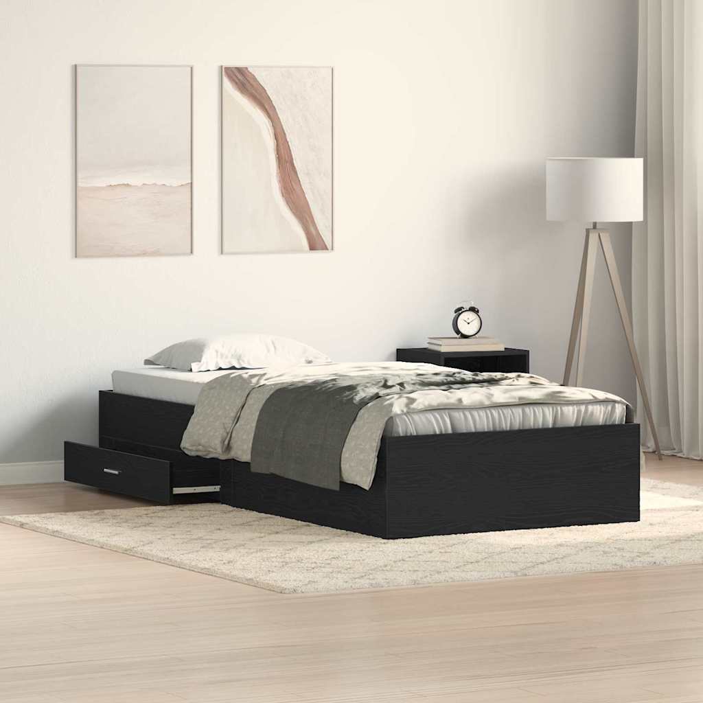 Sängram med låda Svart Ek 90 x 190 cm Konstruerat trä