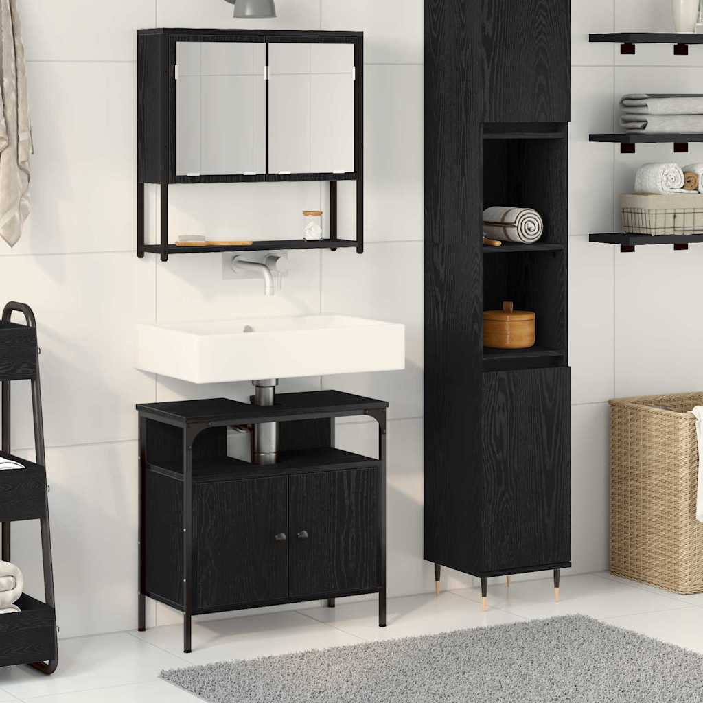 Badrumsmöbelset med hylla med dörr 2 pcs Svart Konstruerat trä