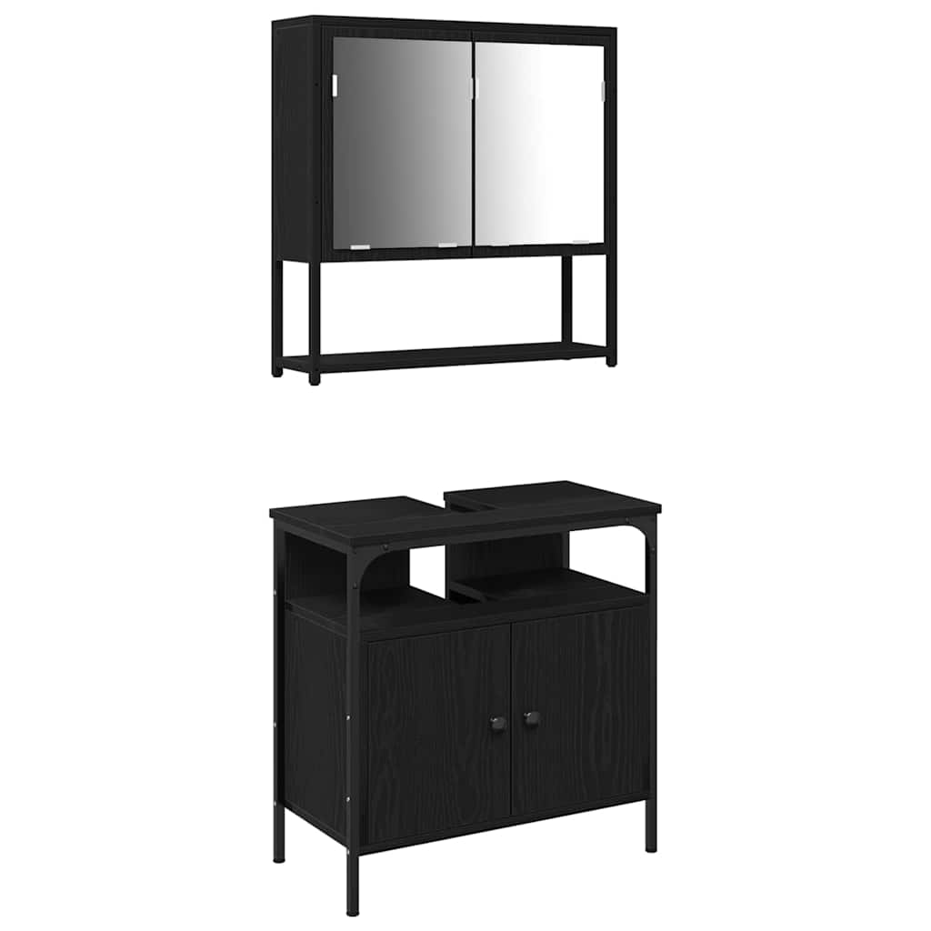 Badrumsmöbelset med hylla med dörr 2 pcs Svart Konstruerat trä
