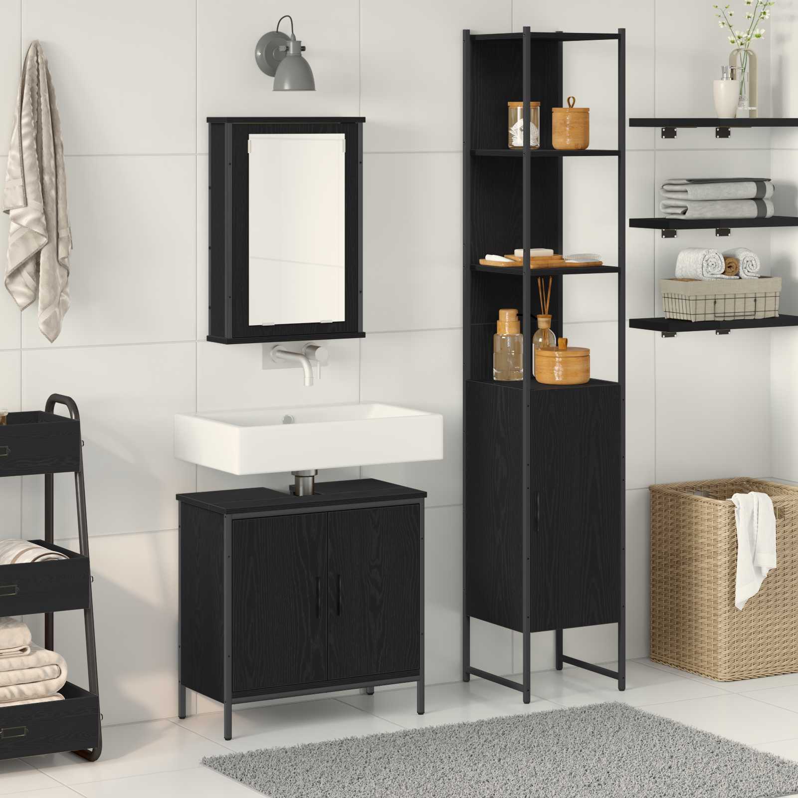 Badrumsmöbelset med hylla med dörr 3 pcs Svart Konstruerat trä