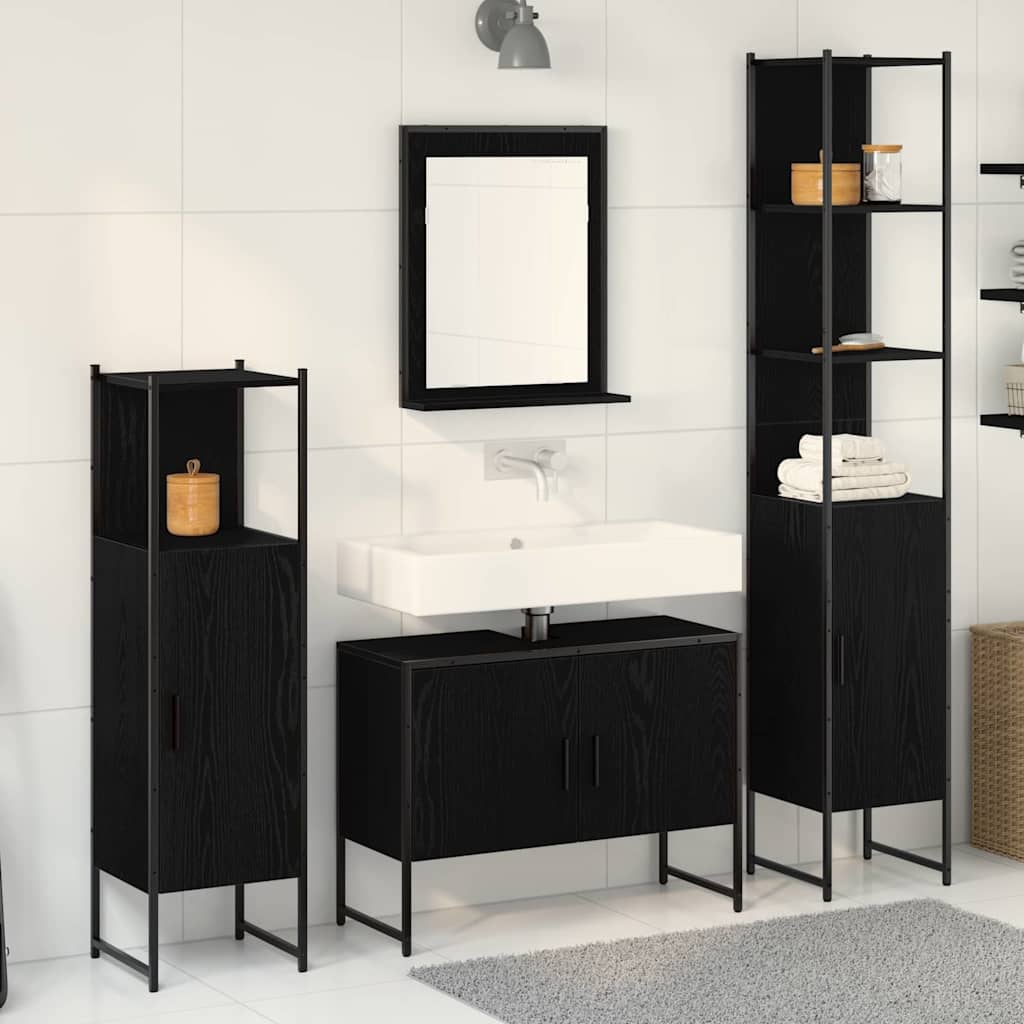 Badrumsmöbelset med hylla med dörr 4 pcs Svart Konstruerat trä