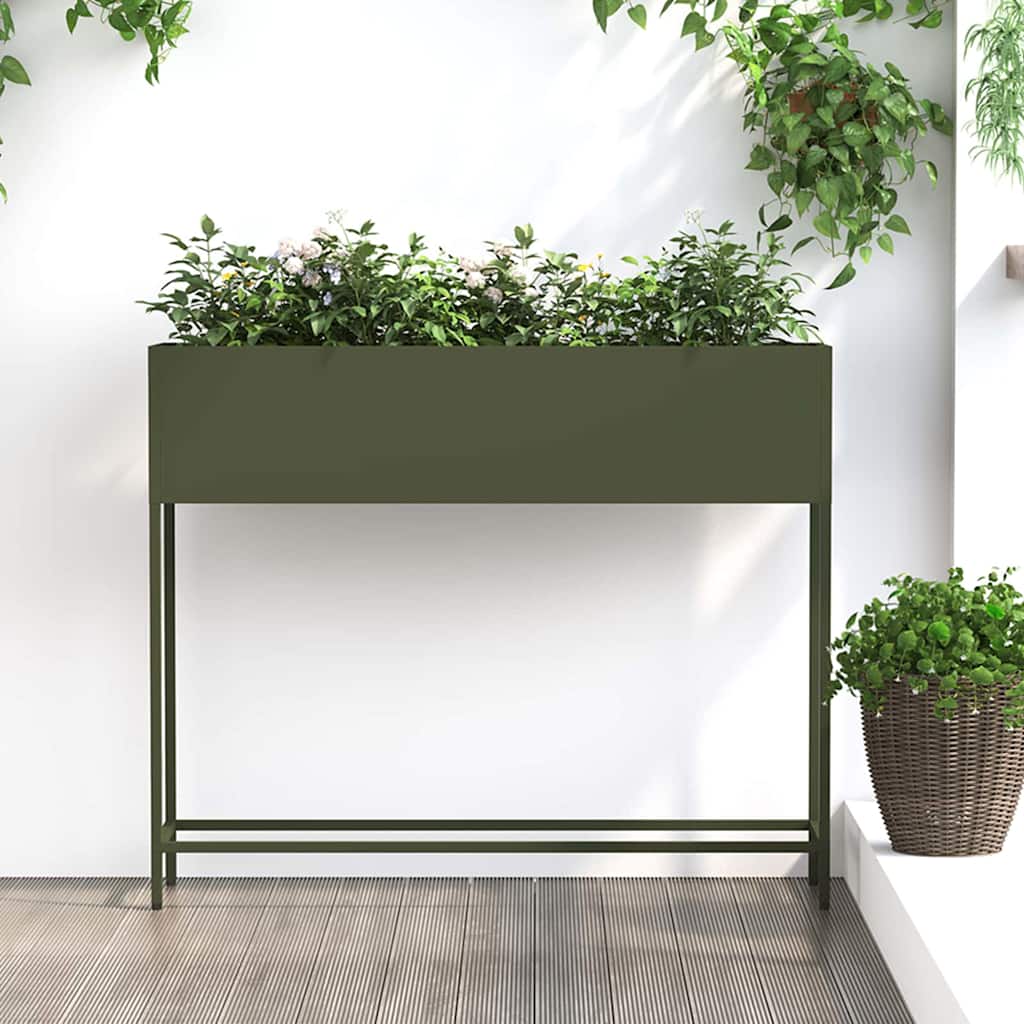 Höjdträdgårdsplanterare Olivgrön 100 x 26 x 82 cm Stål