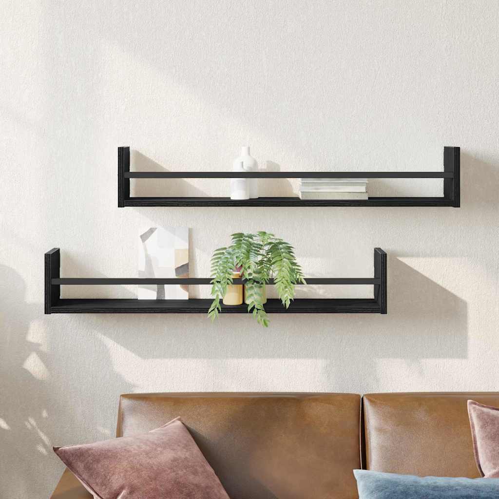 Vägg hylla 2 st Svart Ek 80 x 16 x 14 cm