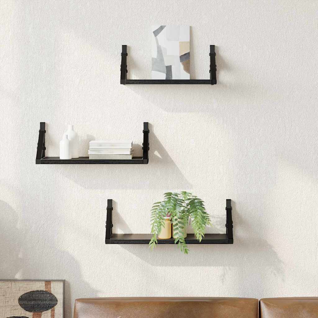 Vägg hylla 3 st Svart Ek 37 x 12 x 13 cm