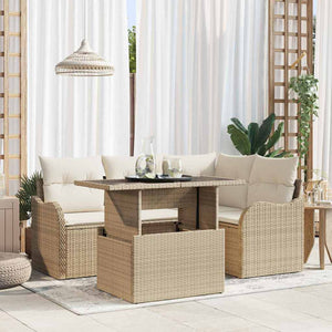 Utomhusmatbord med kudde 5 pcs Beige Poly rattan