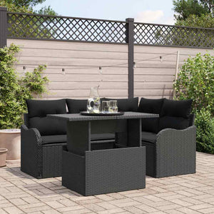 Utomhusmatbord med kudde 5 pcs Svart Poly rattan