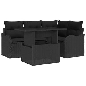 Utomhusmatbord med kudde 5 pcs Svart Poly rattan