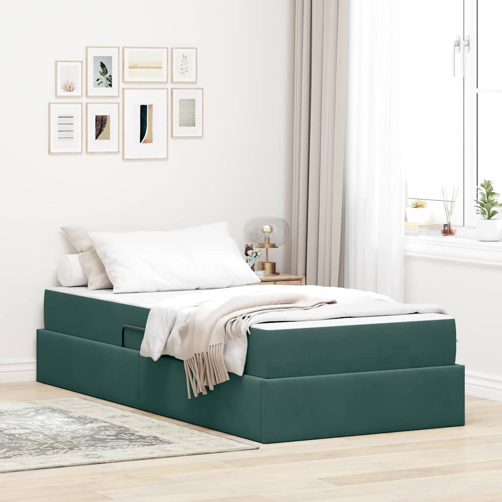 Förvaringssäng med madrass Mörkgrön 90 x 200 cm Sammet