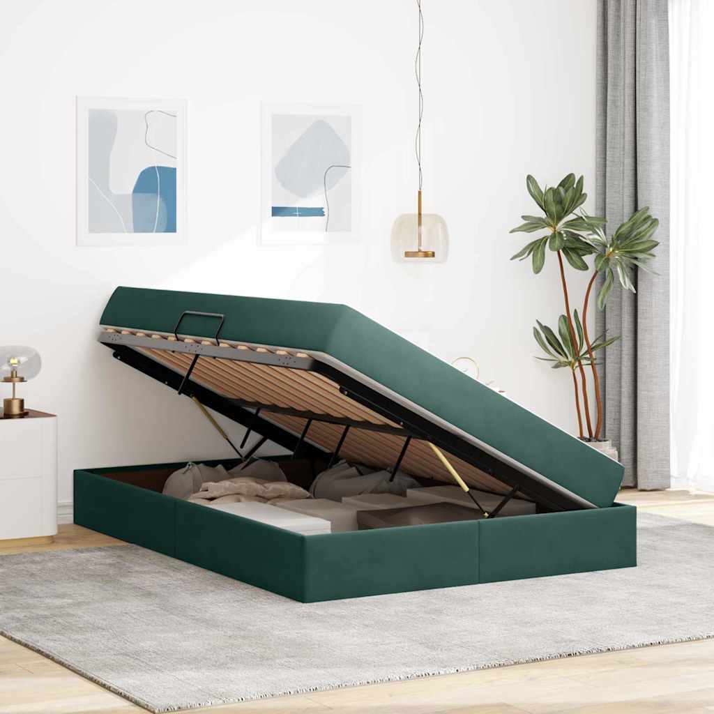 Förvaringssäng med madrass Mörkgrön 140 x 190 cm Sammet
