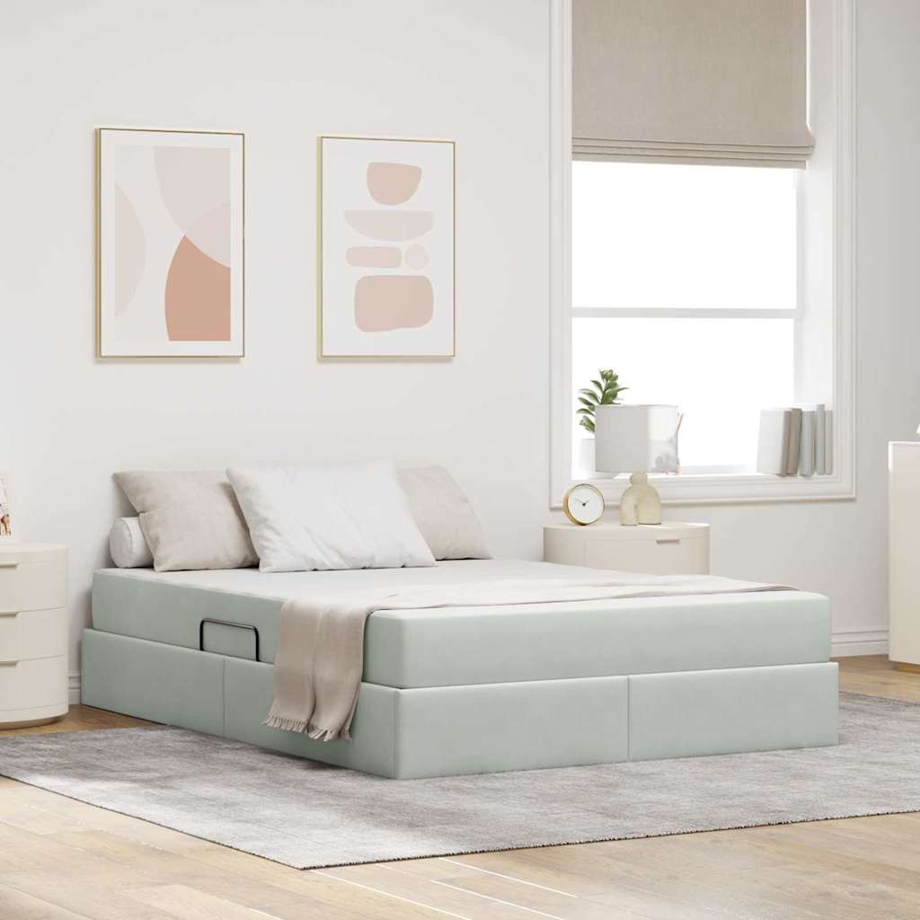 Förvaringssäng med madrass Ljusgrå 140 x 200 cm Sammet