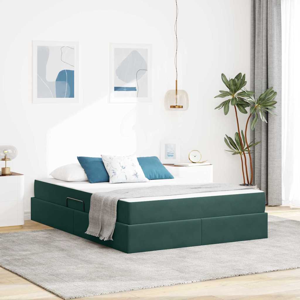 Förvaringssäng med madrass Mörkgrön 140 x 200 cm Sammet