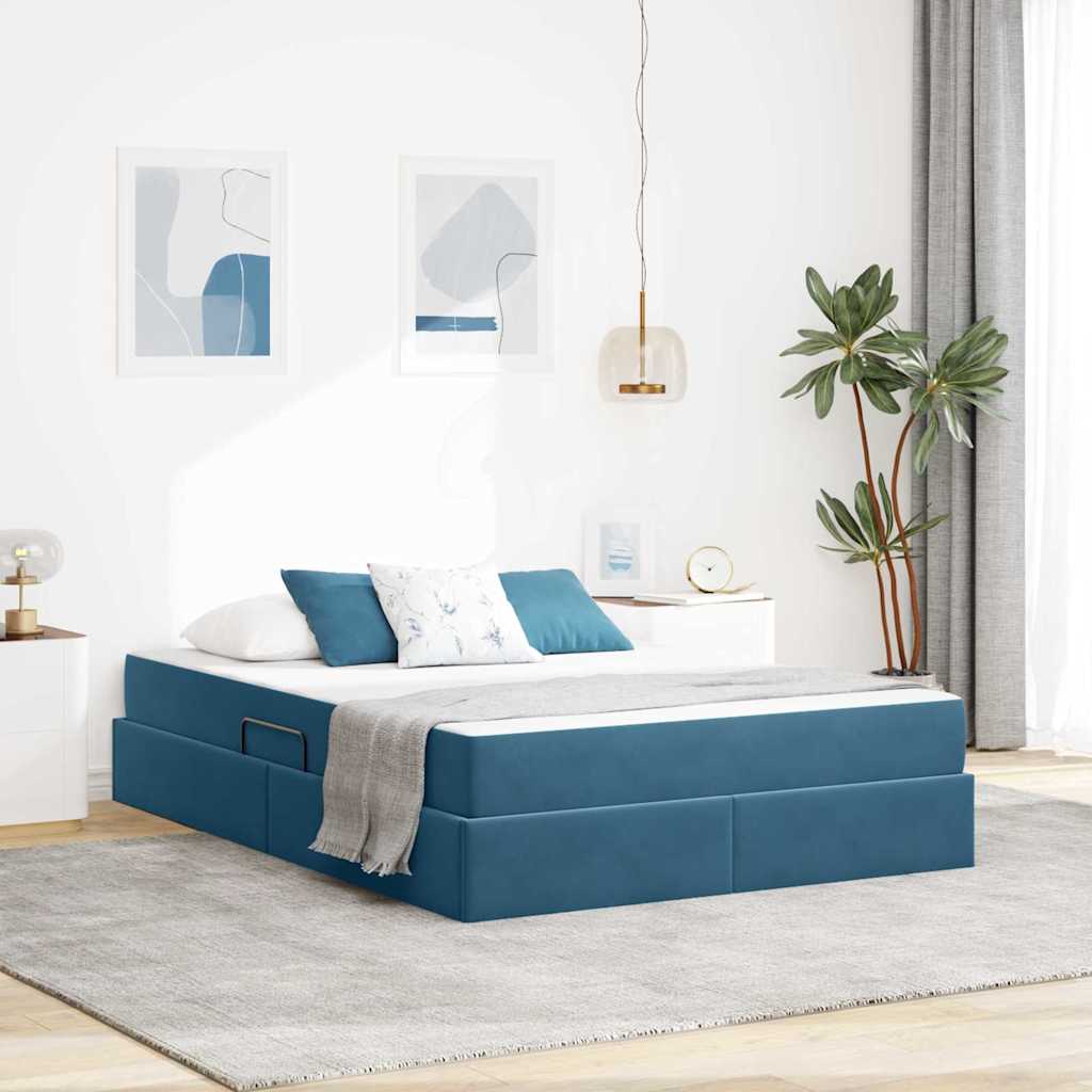 Förvaringssäng med madrass Mörkblå 140 x 200 cm Sammet