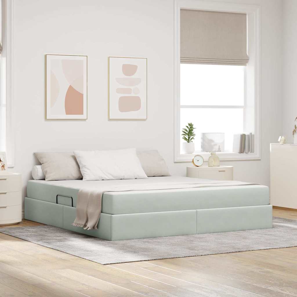 Förvaringssäng med madrass Ljusgrå 160 x 200 cm Sammet