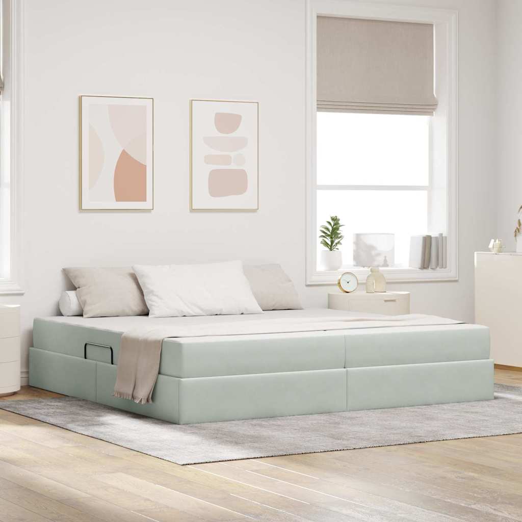 Förvaringssäng med madrass Ljusgrå 200 x 200 cm Sammet