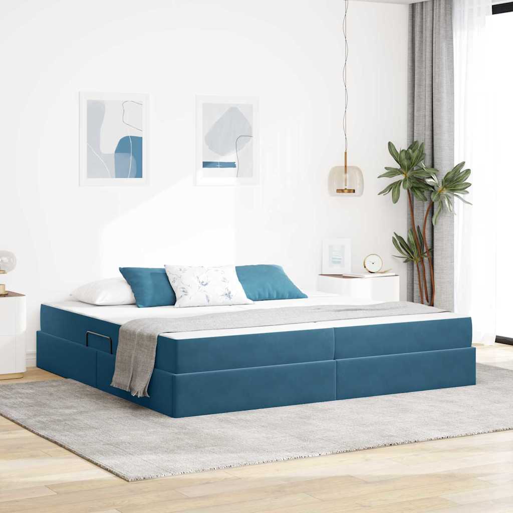 Förvaringssäng med madrass Mörkblå 200 x 200 cm Sammet