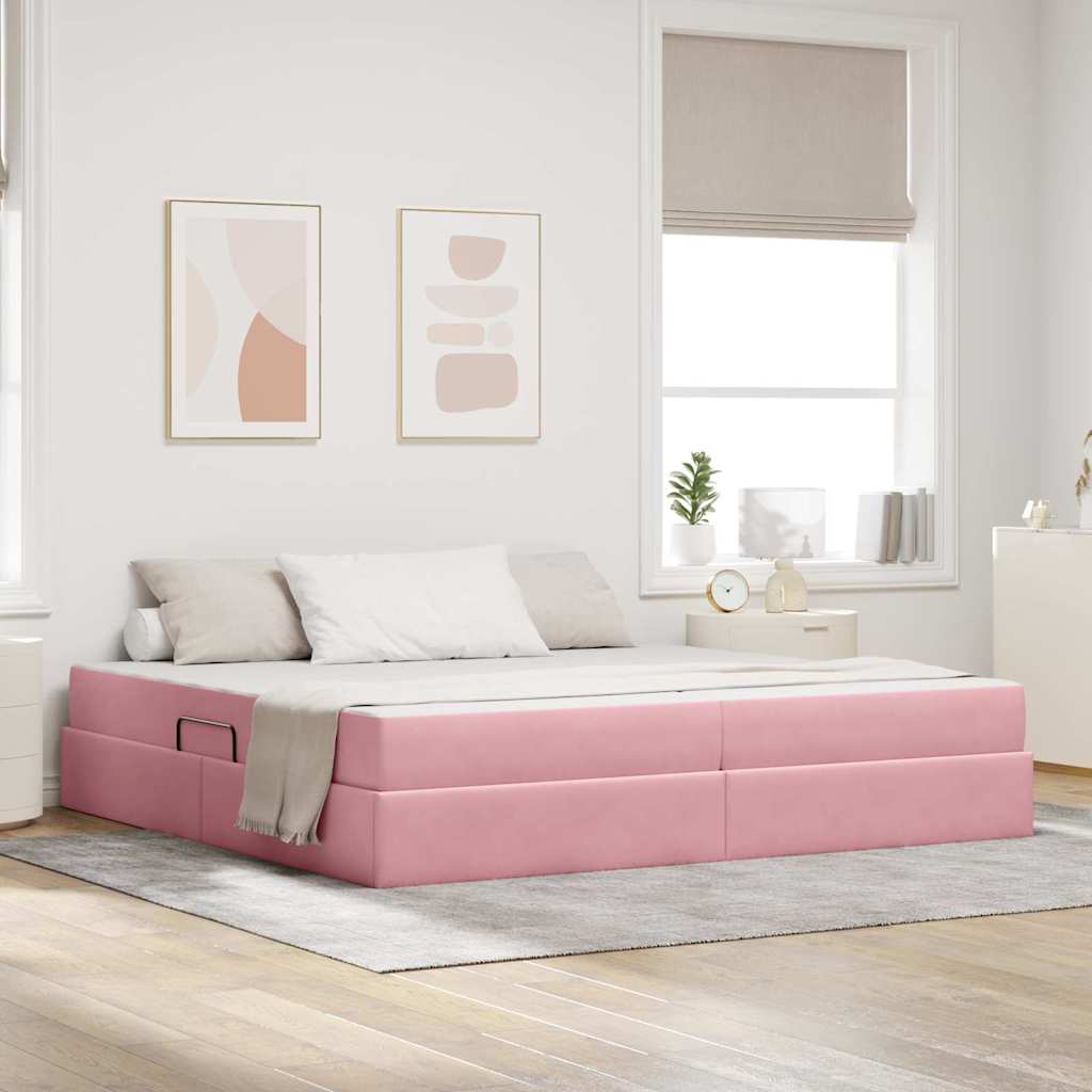 Förvaringssäng med madrass med madrass Rosa 200 x 200 cm Sammet