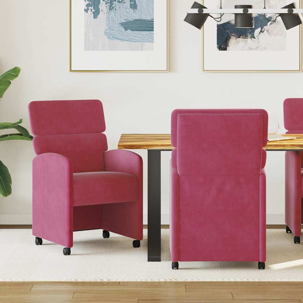 Matstolar med hjul med hjul 2 pcs Vinröd 58 x 65 x 98 cm Sammet