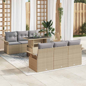 Trädgårdsoffset med kudde med lagring 7 pcs Beige Poly Rattan