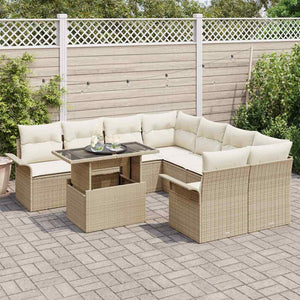 Trädgårdsoffset med kudde med lagring 9 pcs Beige Poly Rattan