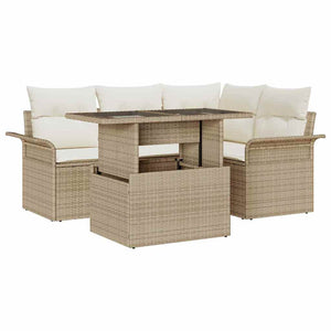 Trädgårdsoffset med kudde med lagring 5 pcs Beige Poly Rattan