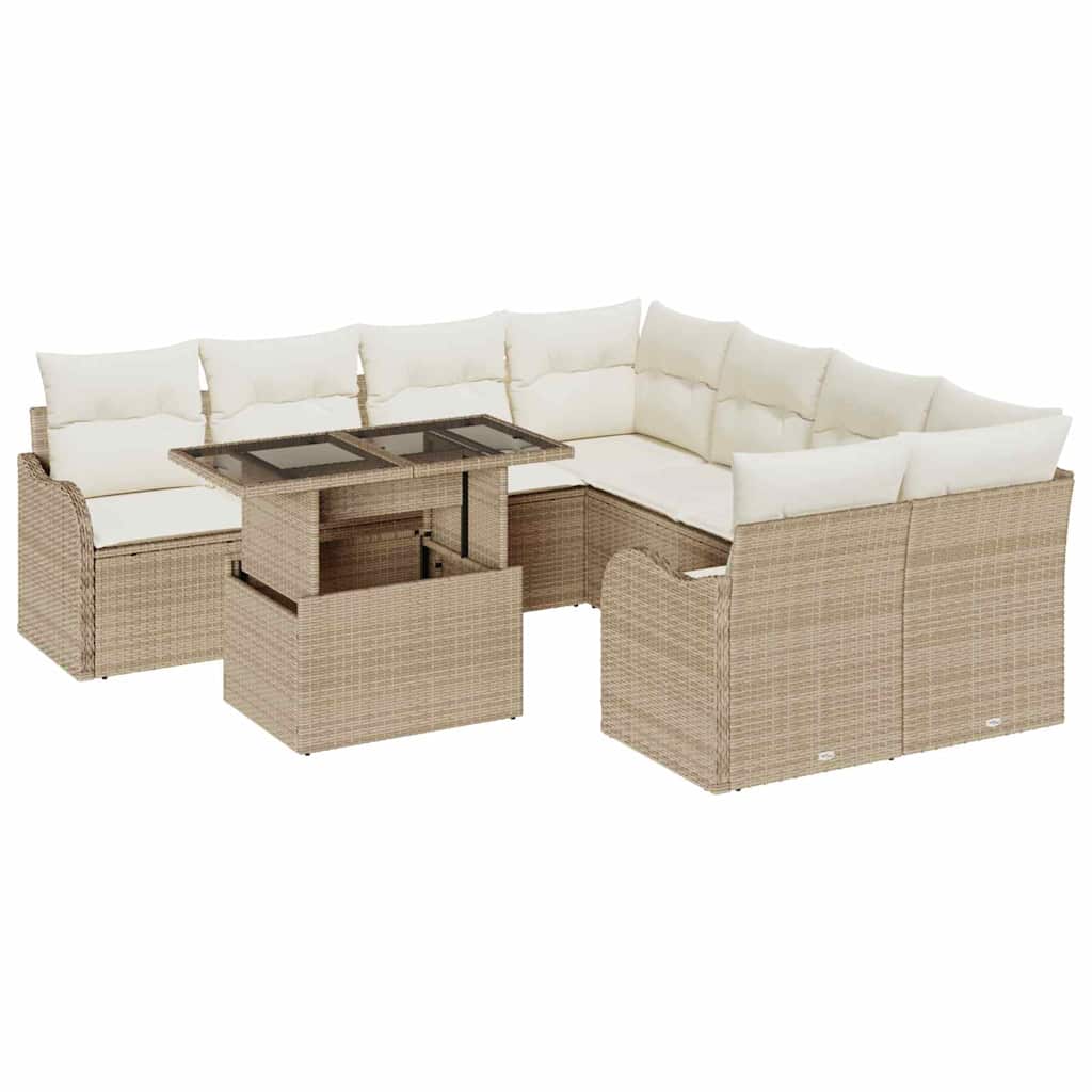 Trädgårdsoffset med kudde med kudde 9 pcs Beige Polyrattan