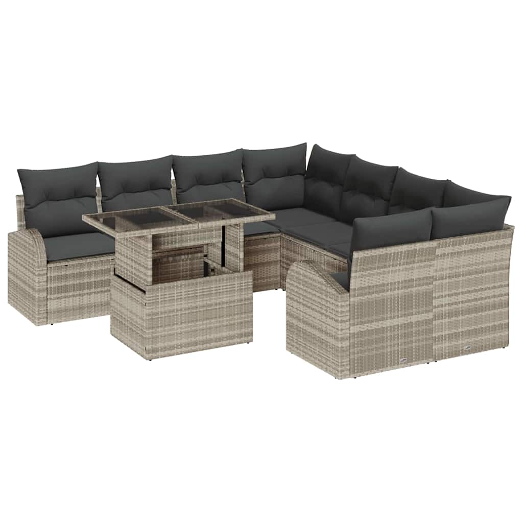 Trädgårdsoffset med kudde med lagring 9 pcs Ljusgrå Poly Rattan