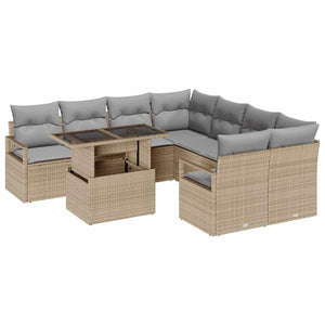 Trädgårdsoffset med kudde med lagring 9 pcs Beige Poly rattan