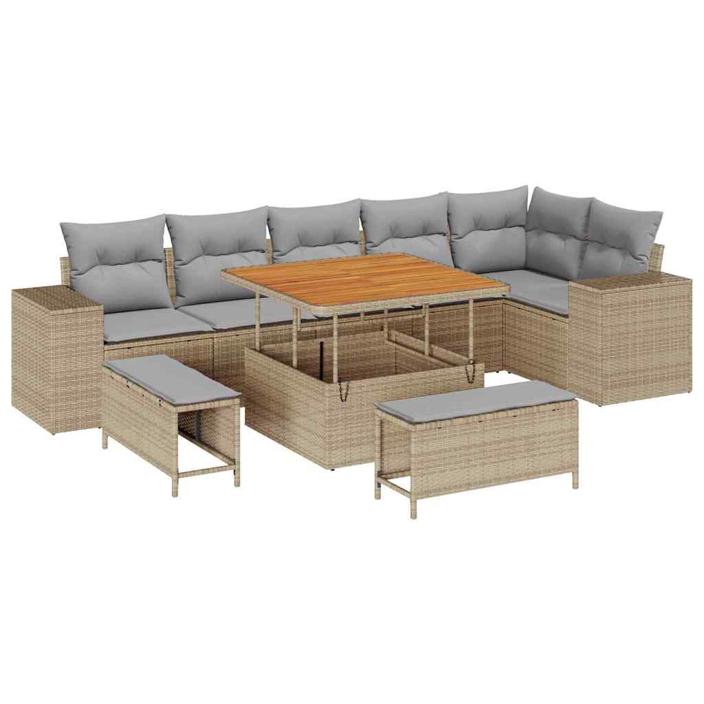 Trädgårdsoffset med kudde 9 pcs Beige och Ljusgrå konstrotting