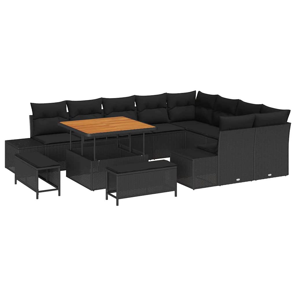 Trädgårdsoffset med kudde med lagring 12 pcs Svart Poly rattan