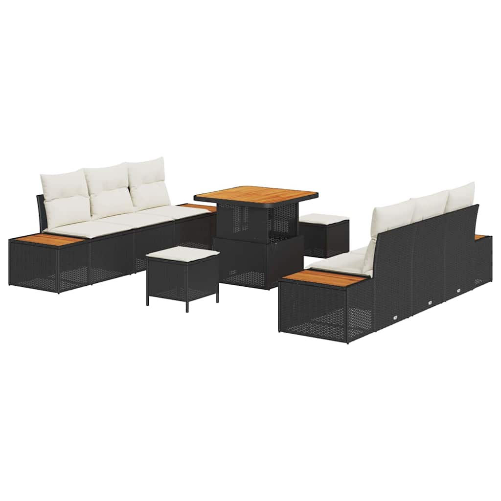 Trädgårdsoffset med kudde med lagring 9 pcs Svart Poly rattan