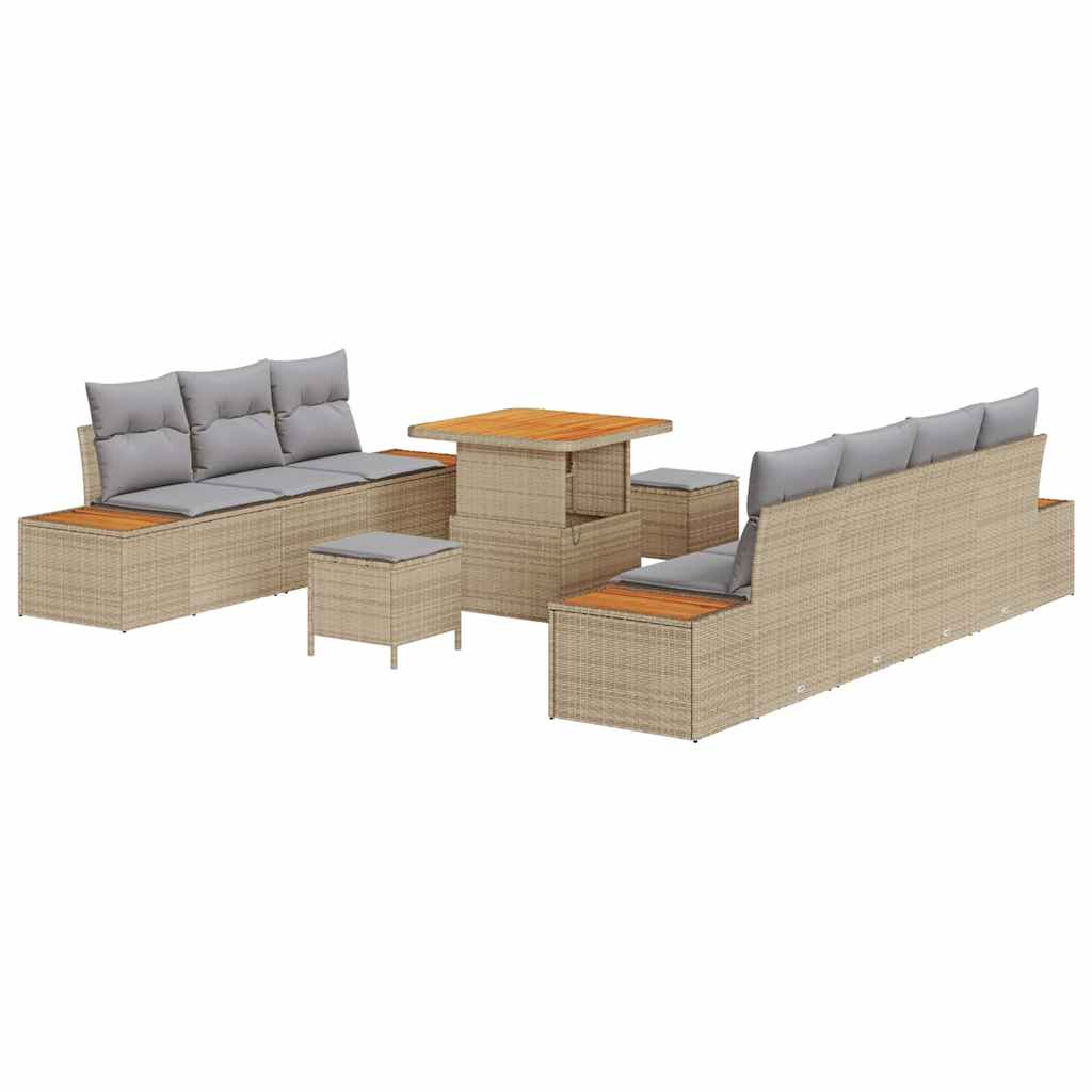 Trädgårdsoffset med kudde med lagring 10 pcs Beige Poly rattan