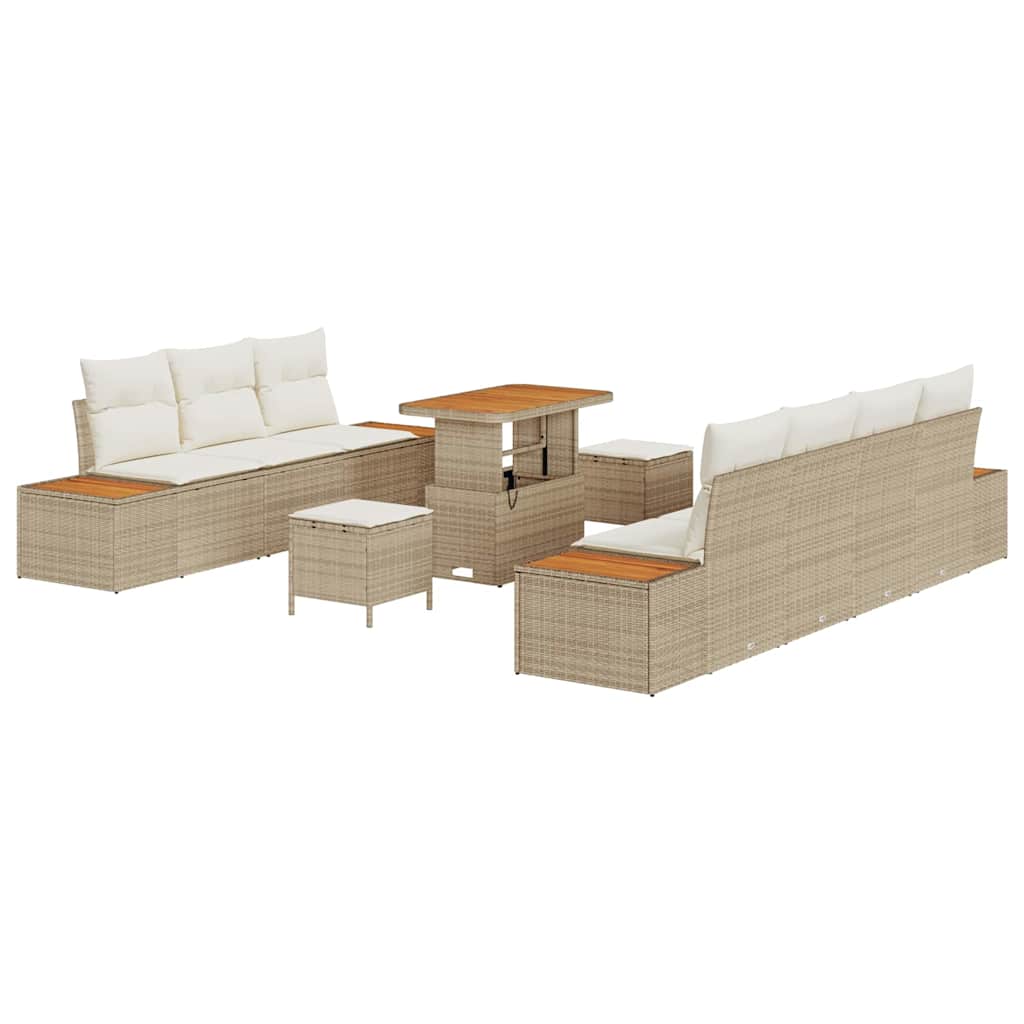 Trädgårdsoffset med kudde med lagring 10 pcs Beige Poly rattan