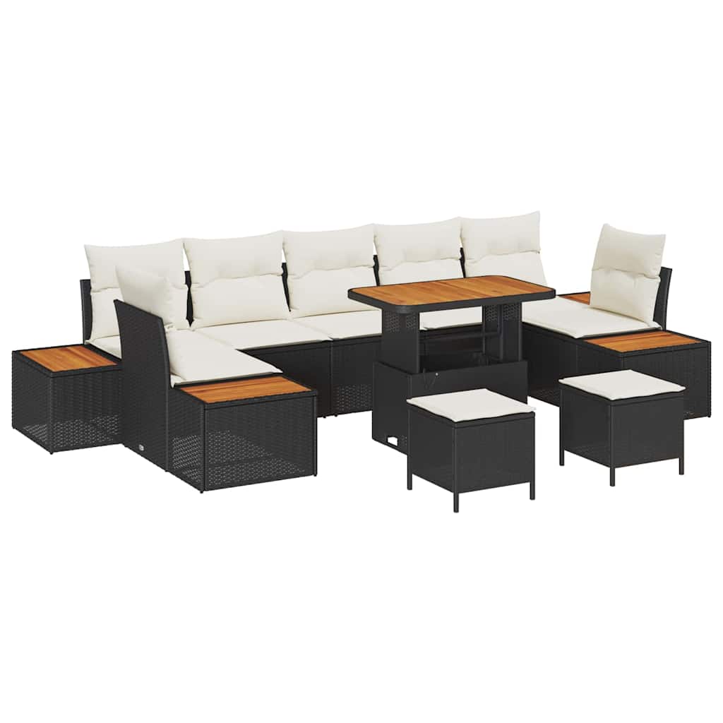 Trädgårdsoffset med kudde med lagring 10 pcs Svart Poly rattan