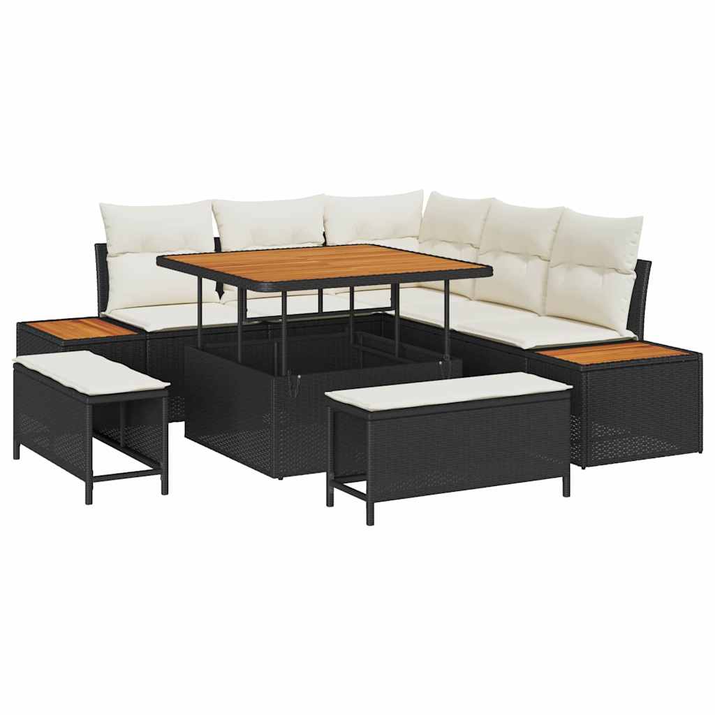 Trädgårdsoffset med kudde med lagring 8 pcs Svart Poly rattan