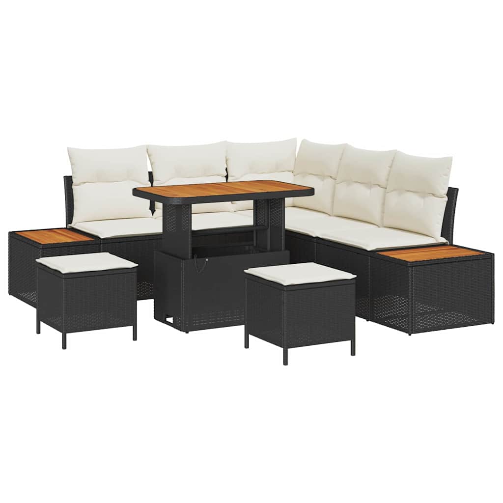 Trädgårdsoffset med kudde med lagring 8 pcs Svart Poly rattan