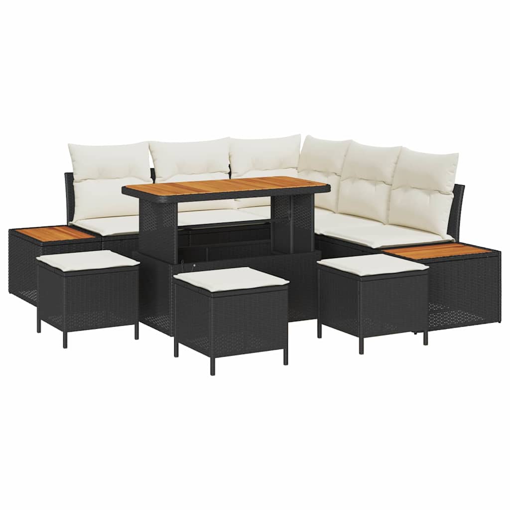 Trädgårdsoffset med kudde med lagring 9 pcs Svart Poly rattan