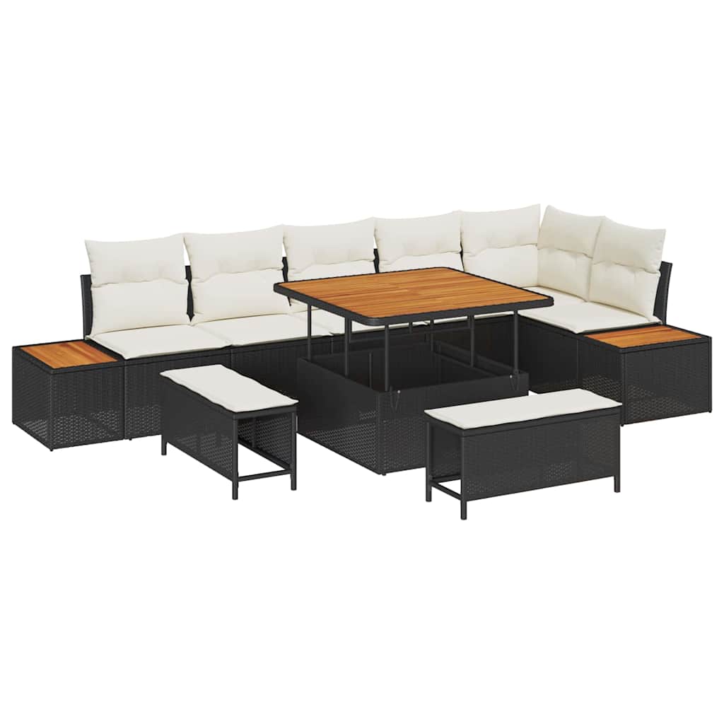 Trädgårdsoffset med kudde med lagring 9 pcs Svart Poly rattan