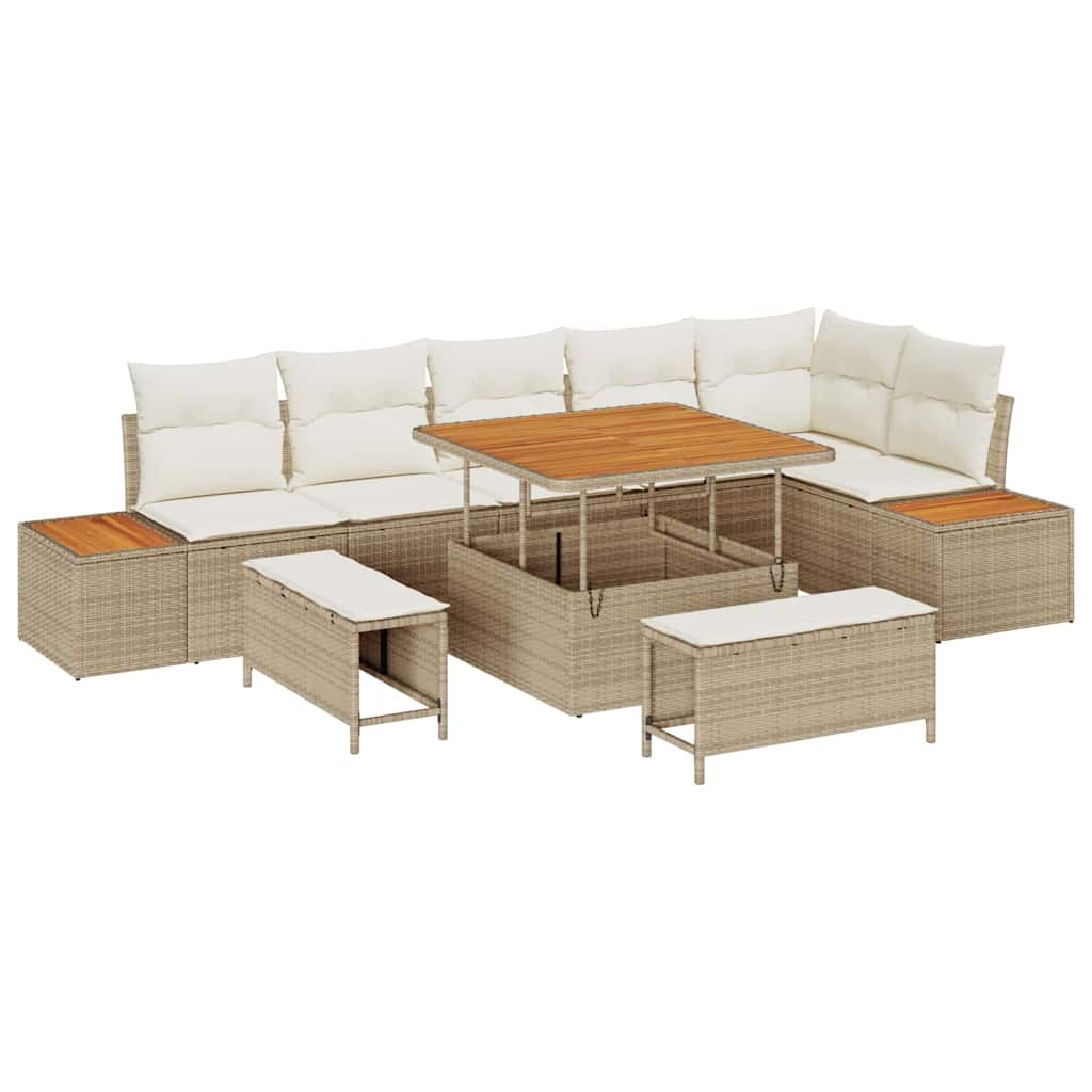 Trädgårdsoffset med kudde med lagring 9 pcs Beige Poly rattan