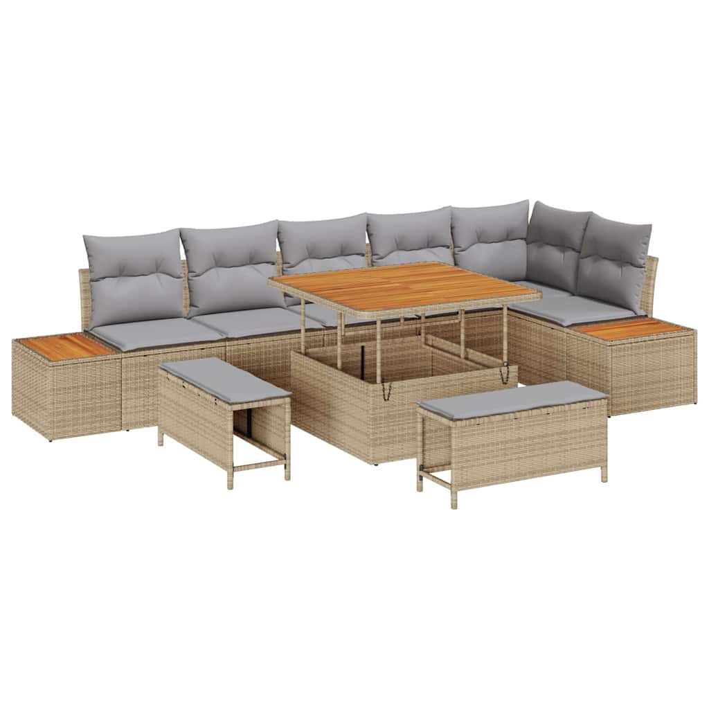 Trädgårdsoffset med kudde med lagring 9 pcs Beige Poly rattan