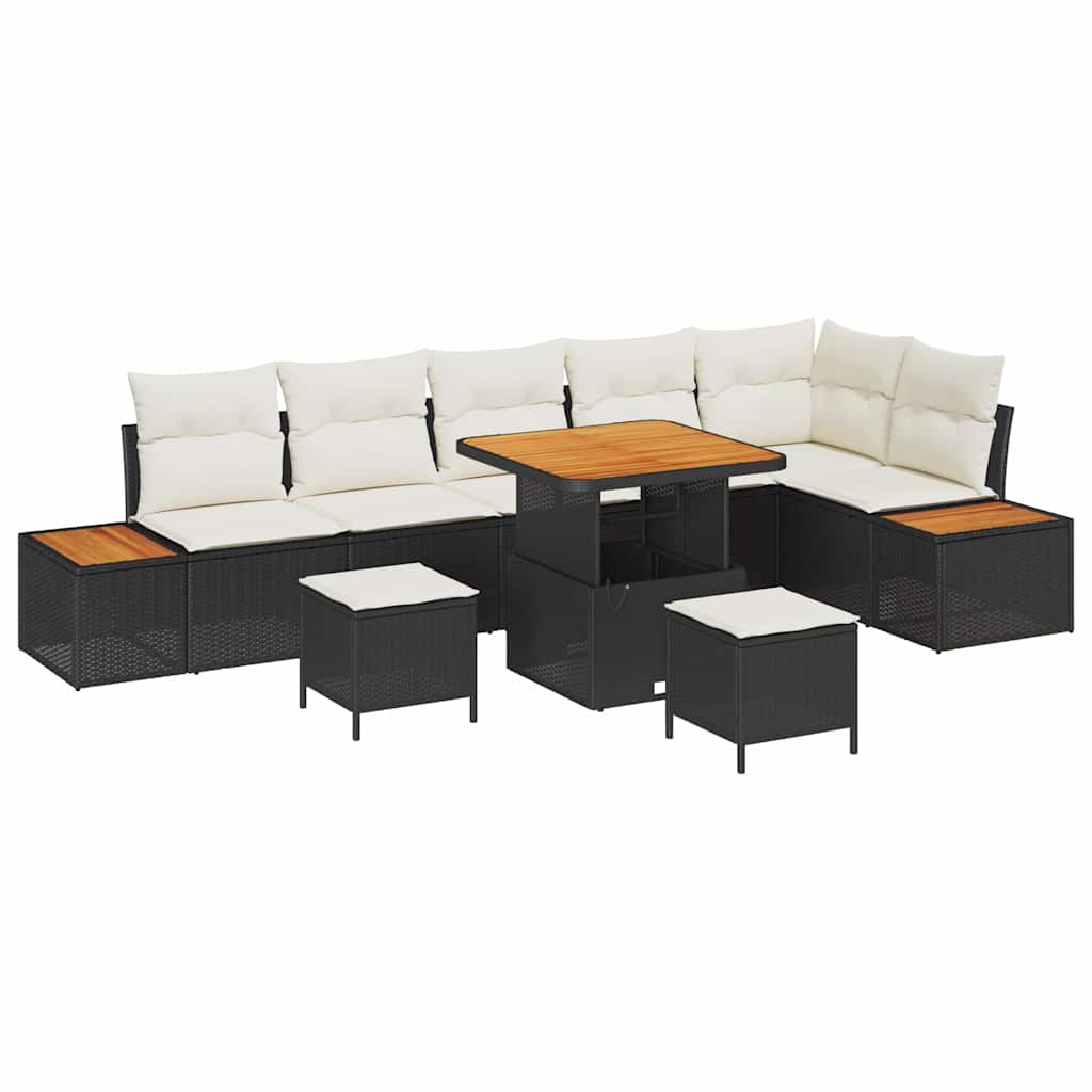 Trädgårdsoffset med kudde med lagring 9 pcs Svart Poly rattan