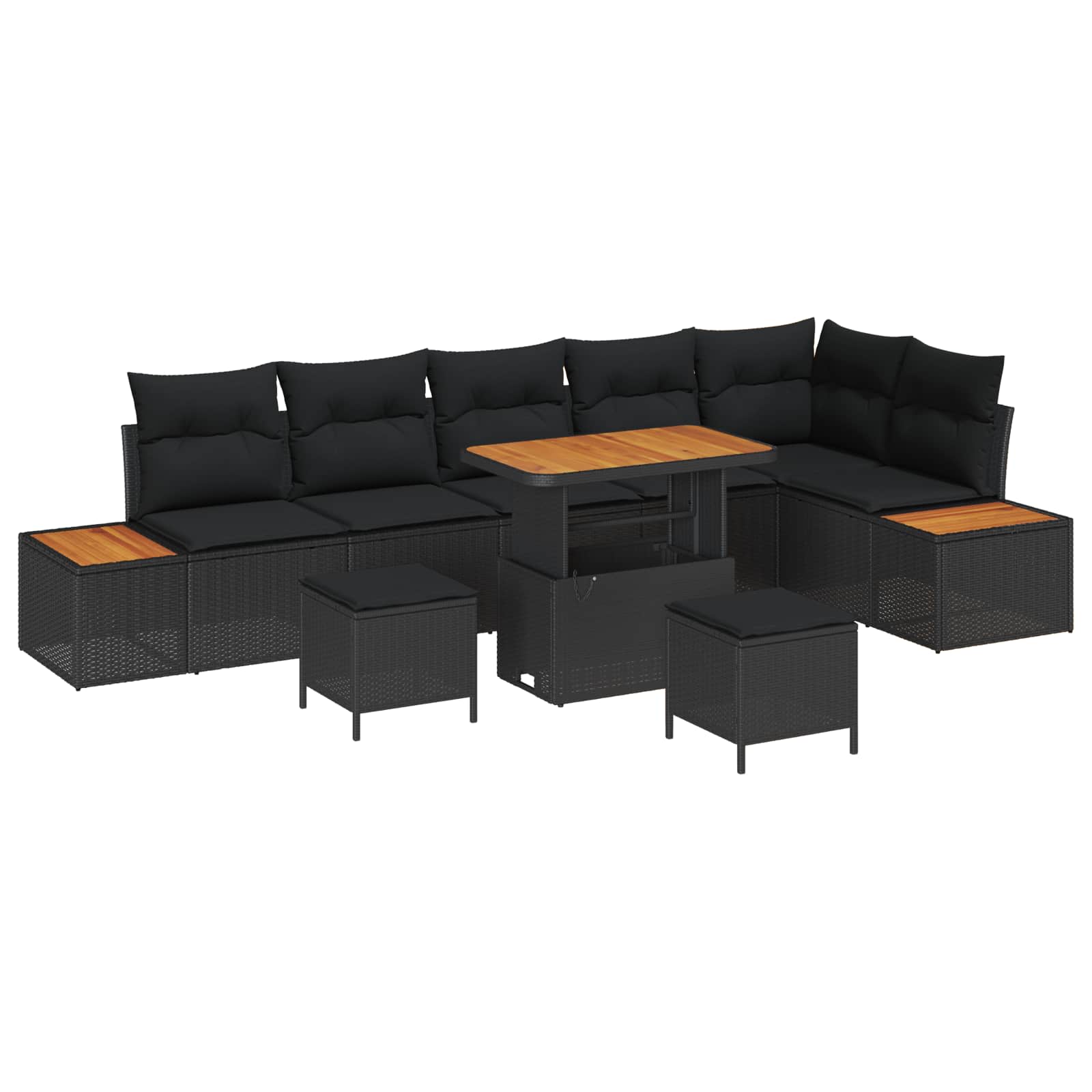 Trädgårdsoffset med kudde med lagring 9 pcs Svart Poly rattan