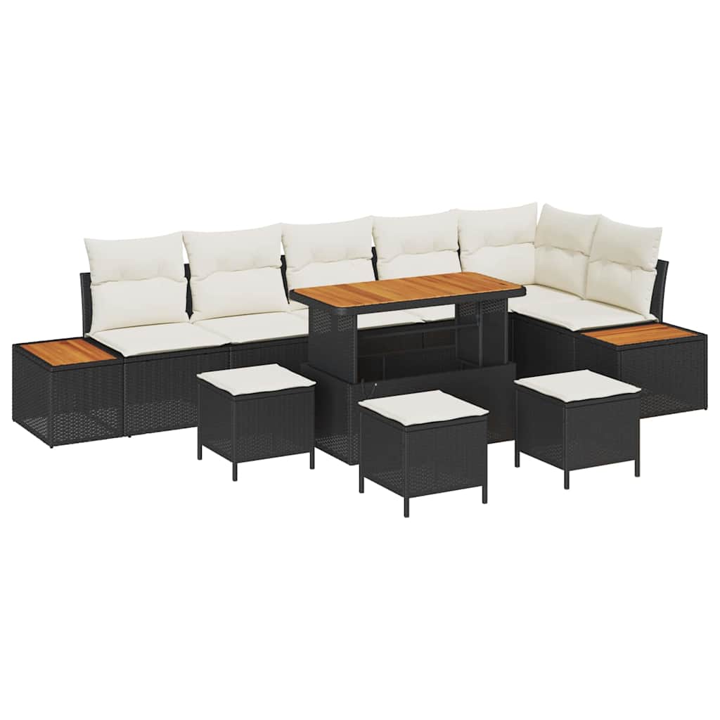 Trädgårdsoffset med kudde med lagring 10 pcs Svart Poly rattan