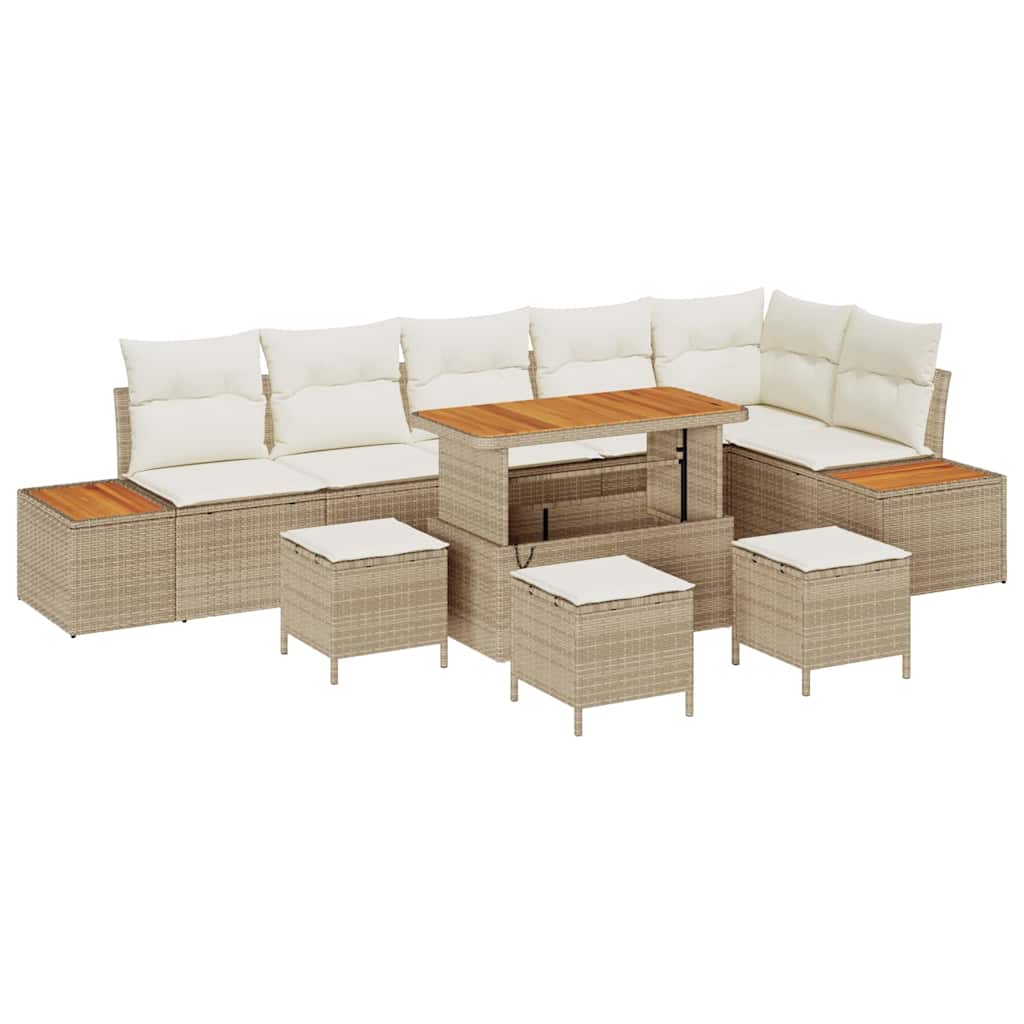Trädgårdsoffset med kudde med lagring 10 pcs Beige Poly rattan