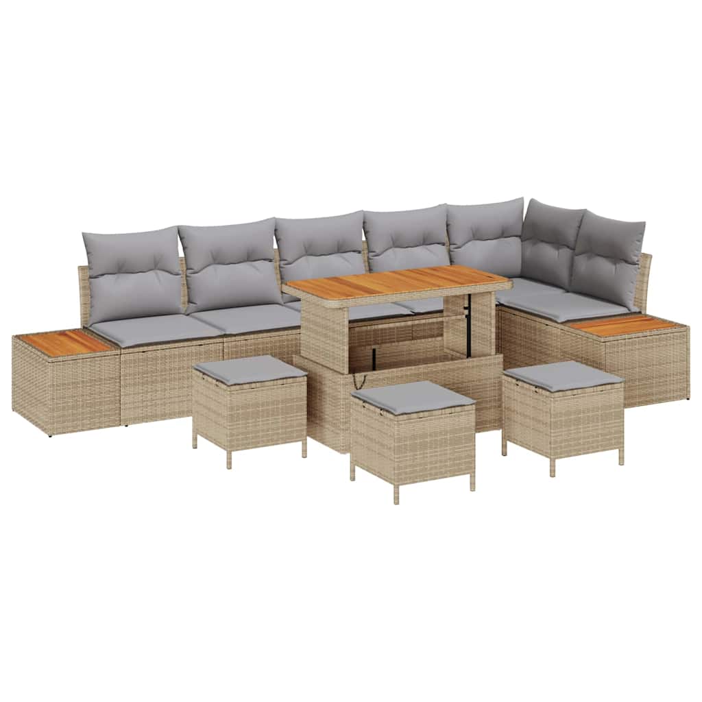 Trädgårdsoffset med kudde med lagring 10 pcs Beige Poly rattan