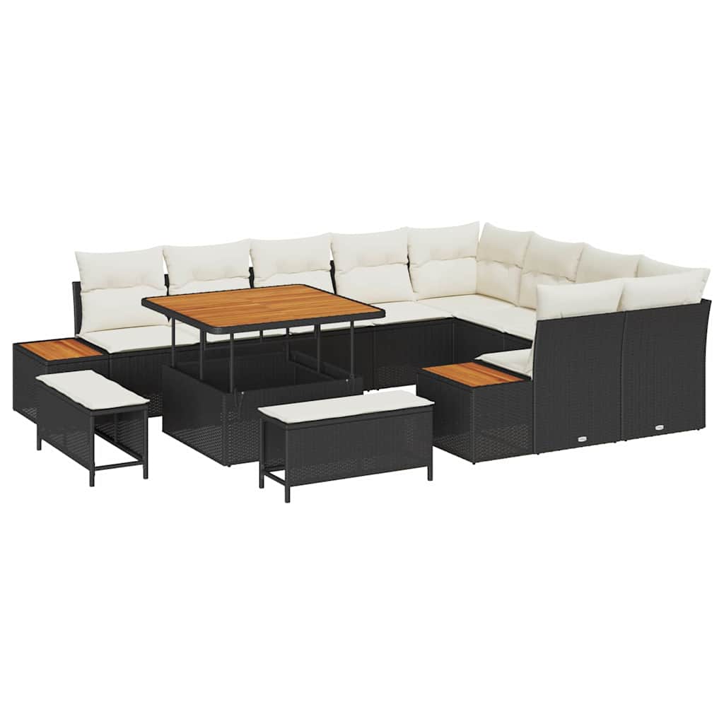 Trädgårdsoffset med kudde med lagring 12 pcs Svart Poly rattan