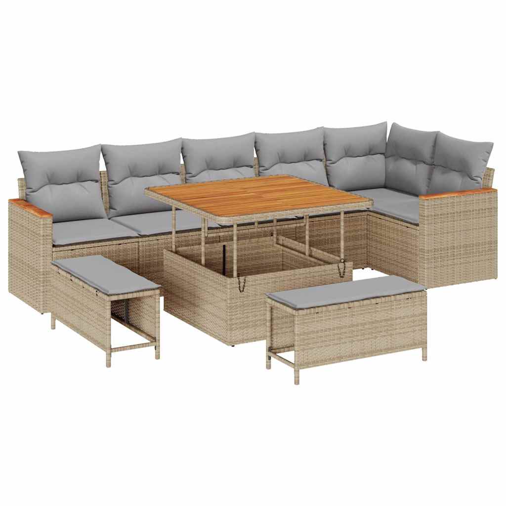 Trädgårdsoffset med kudde 9 pcs Beige Poly rattan